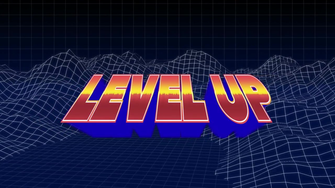 Animation of level up text over metaverse on black background