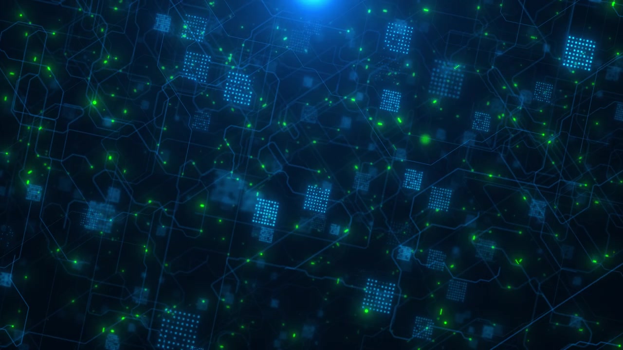 Dark tech connection mesh visual with neon green points blue trace lines and floating digital grids