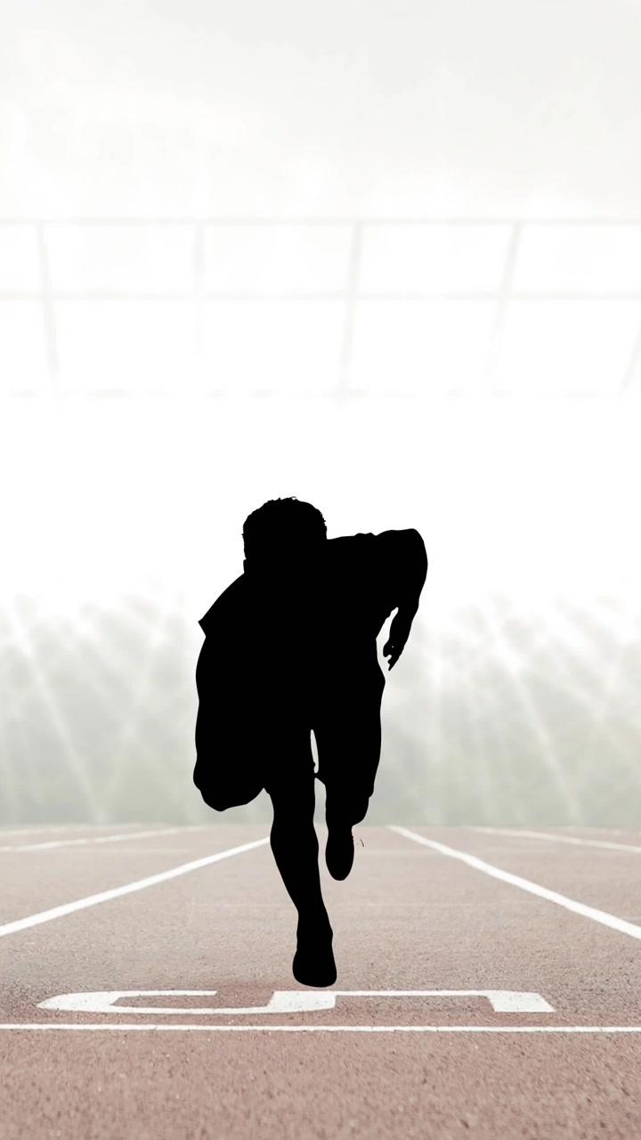 Animation of silhouette of male runner on racing track in sports stadium