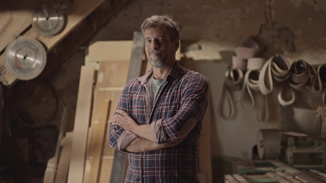 A carpenter in his woodworking shop