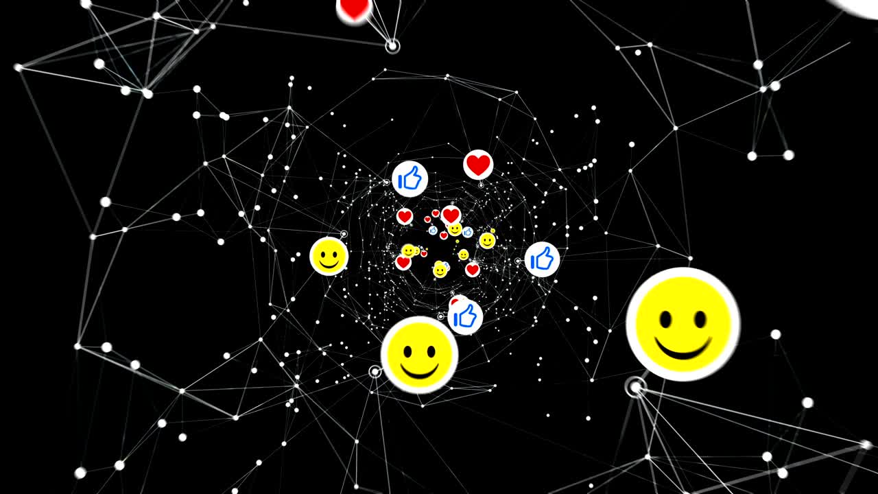иконы социальных сетей движутся с сетевой сеткой беспрепятственно. улыбки, большой палец вверх и символы сердца закручены 3d-анимацией.