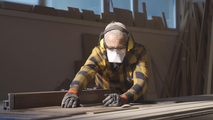 Wood cutting. The carpenter is chopping wood.
