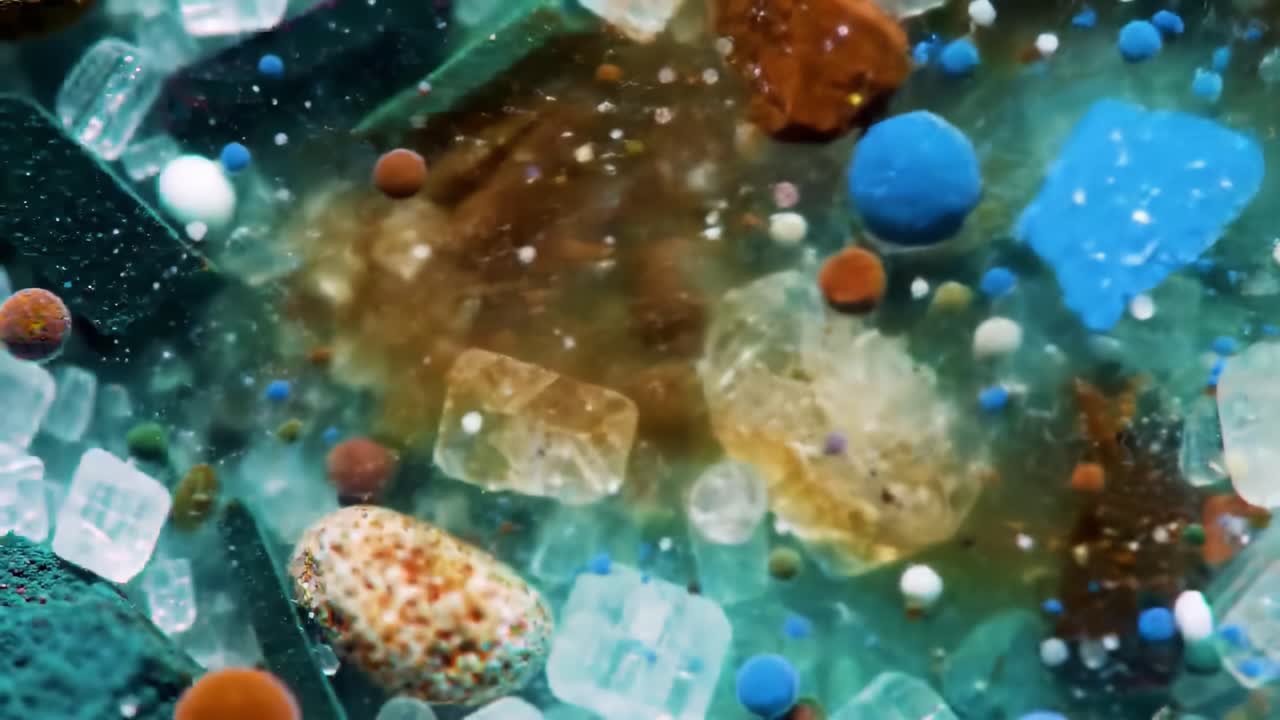 Exploring the Microscopic World of Particulates: A Close-Up Examination of Colorful Polymeric Materials and Natural Mediums in a Vibrant Scene