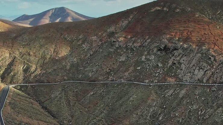Explore Fuerteventura’s rugged landscape seen from above in Spain