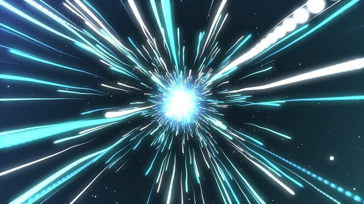 Flusso di dati digitali attraverso un cyberspazio oscuro, luce ultravioletta, laser, linee al neon, tunnel, spettro