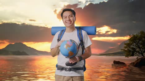 Asian Male Hiker With Mountaineering Backpack Holding World Globe In His Hands And Smiling To Camera At A Lake