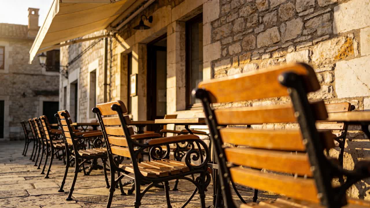 Telecamera in movimento che rivela la sedia di legno più vicina con struttura in ferro battuto sulla terrazza di un caffè, mostrando la luce.
