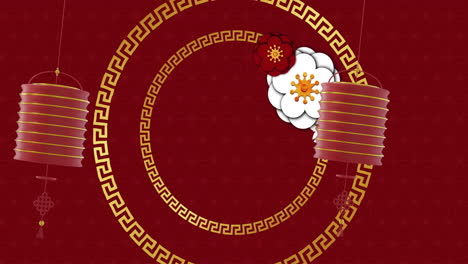 Animation-of-lanterns-and-chinese-pattern-with-copy-space-on-red-background