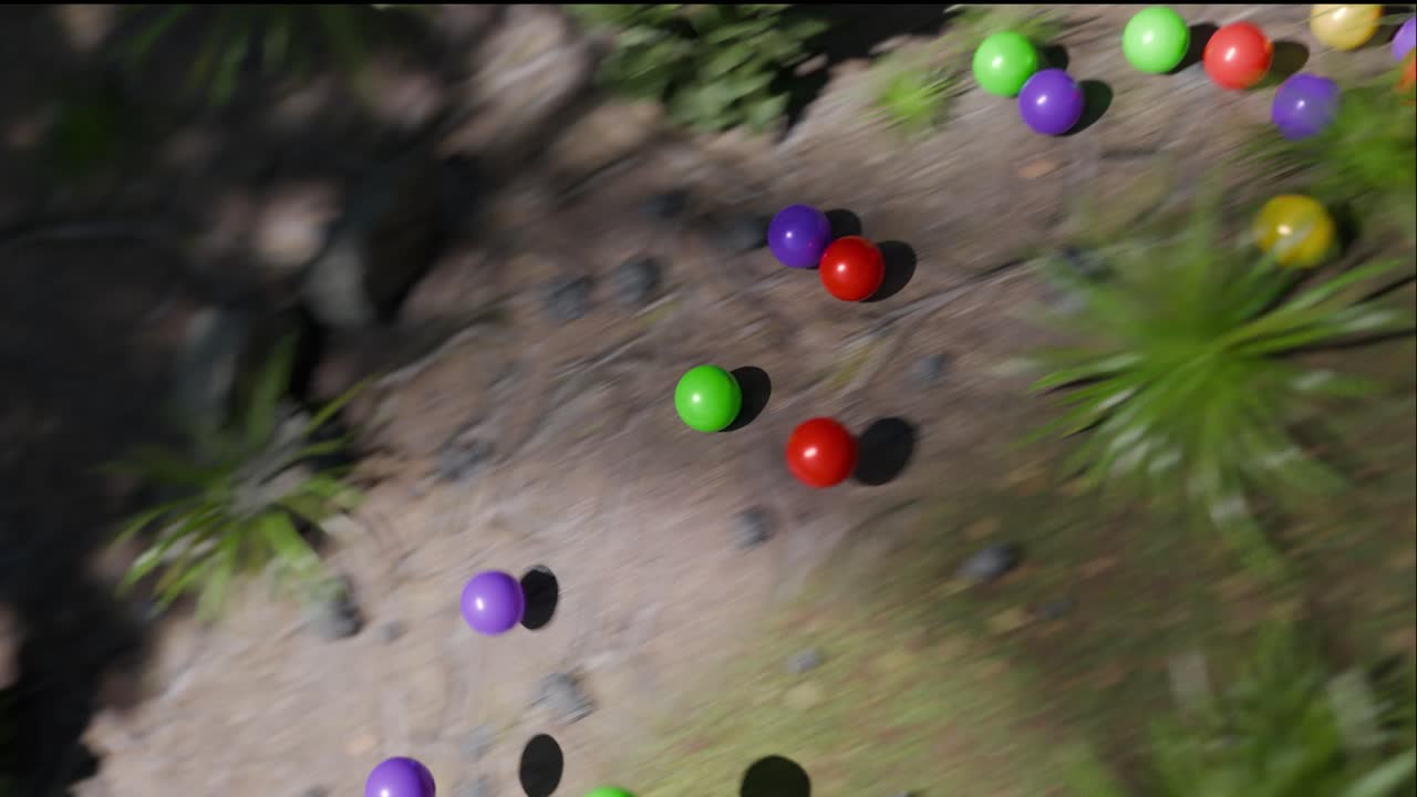 bolas de colores rodando en un bosque