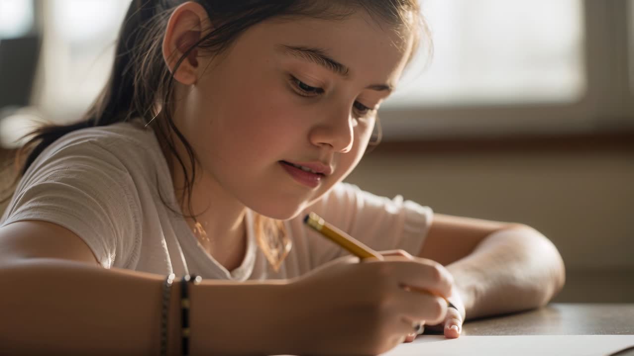 フラットデザインで描かれた学生が、鉛筆を唇に当てて考え、その後紙に宿題を書き始める。