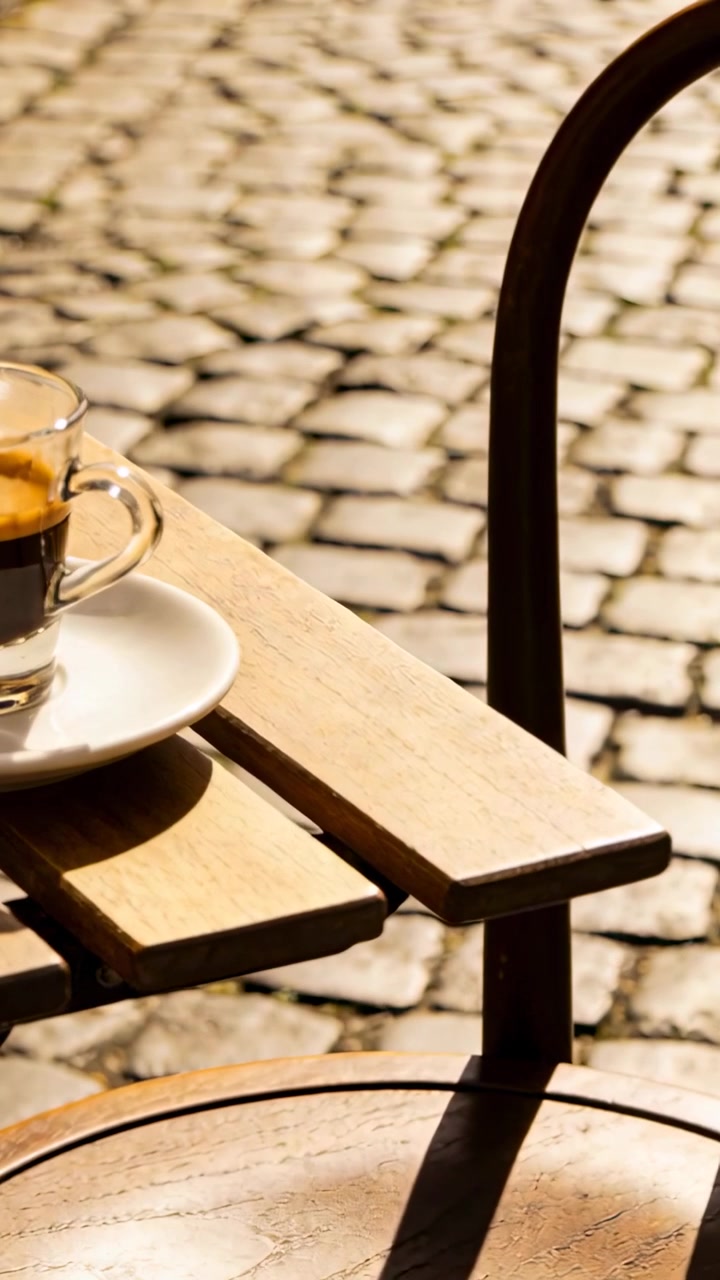 Video verticale: Ripresa di una tazza di vetro per espresso con crema su un piattino, posta su un tavolo, con l'ombra di una sedia.