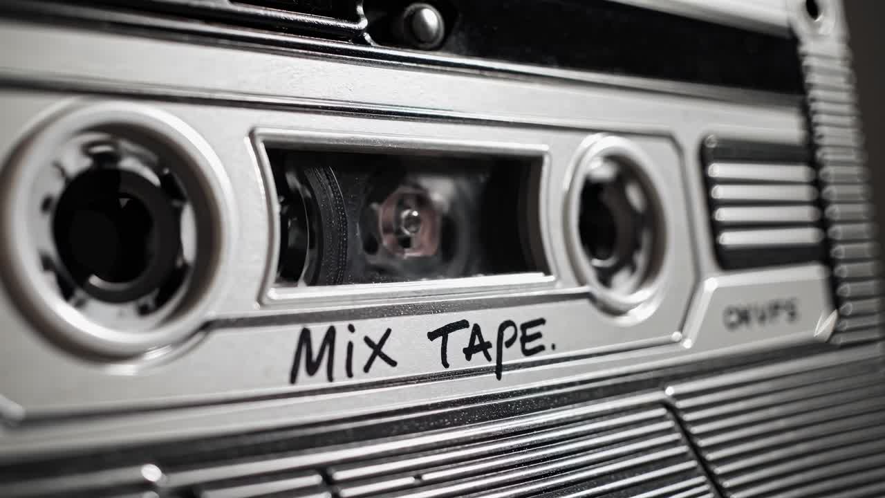 Close-up angle of a vintage cassette tape labeled 'Mix Tape,' evoking nostalgia and retro vibes