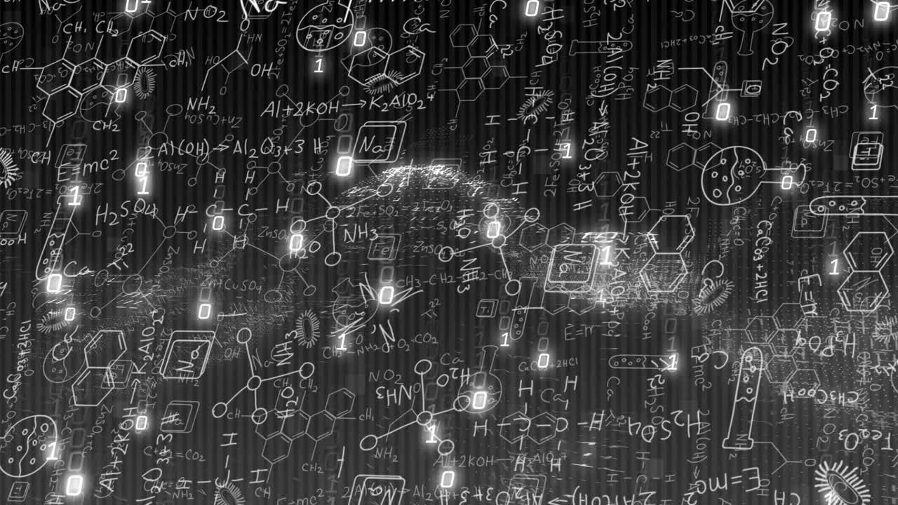 Animation of scientific formulas and molecular structures over digital binary code background