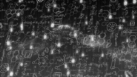 animation of scientific formulas and molecular structures over digital binary code background