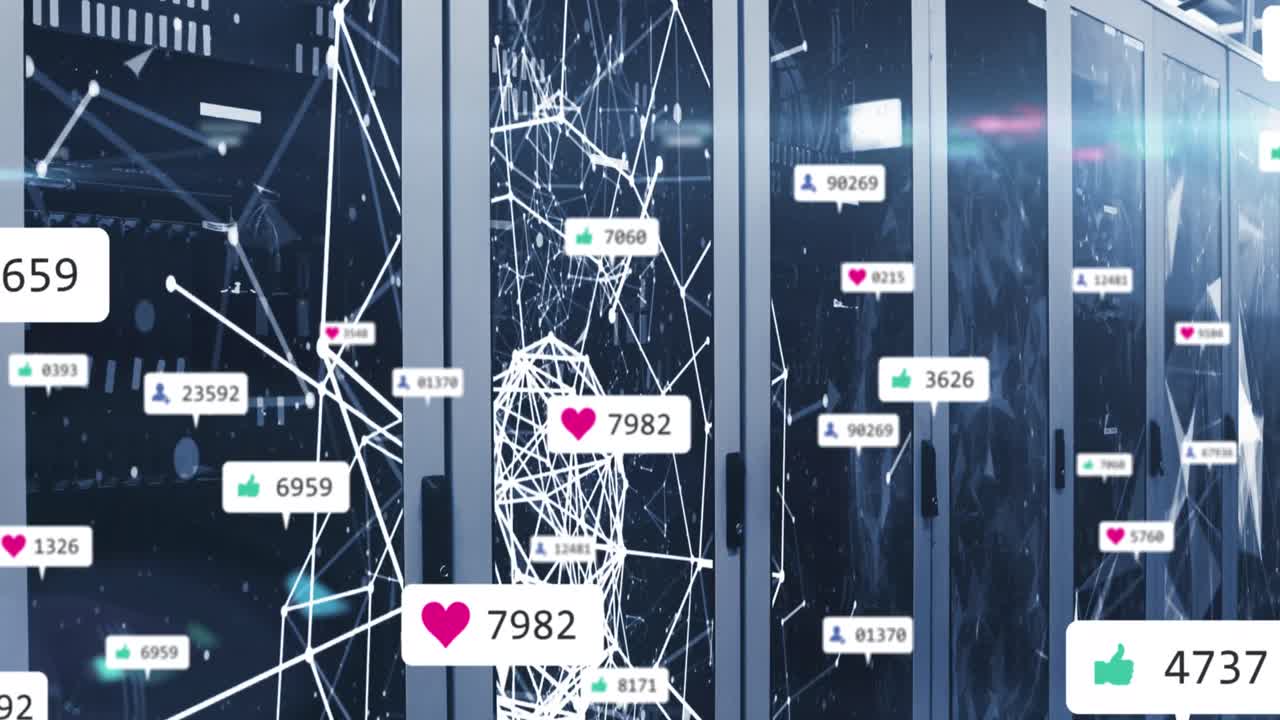 소셜 미디어 아이콘과 숫자 및 컴퓨터 서버를 통해 연결 네트워크의 애니메이션