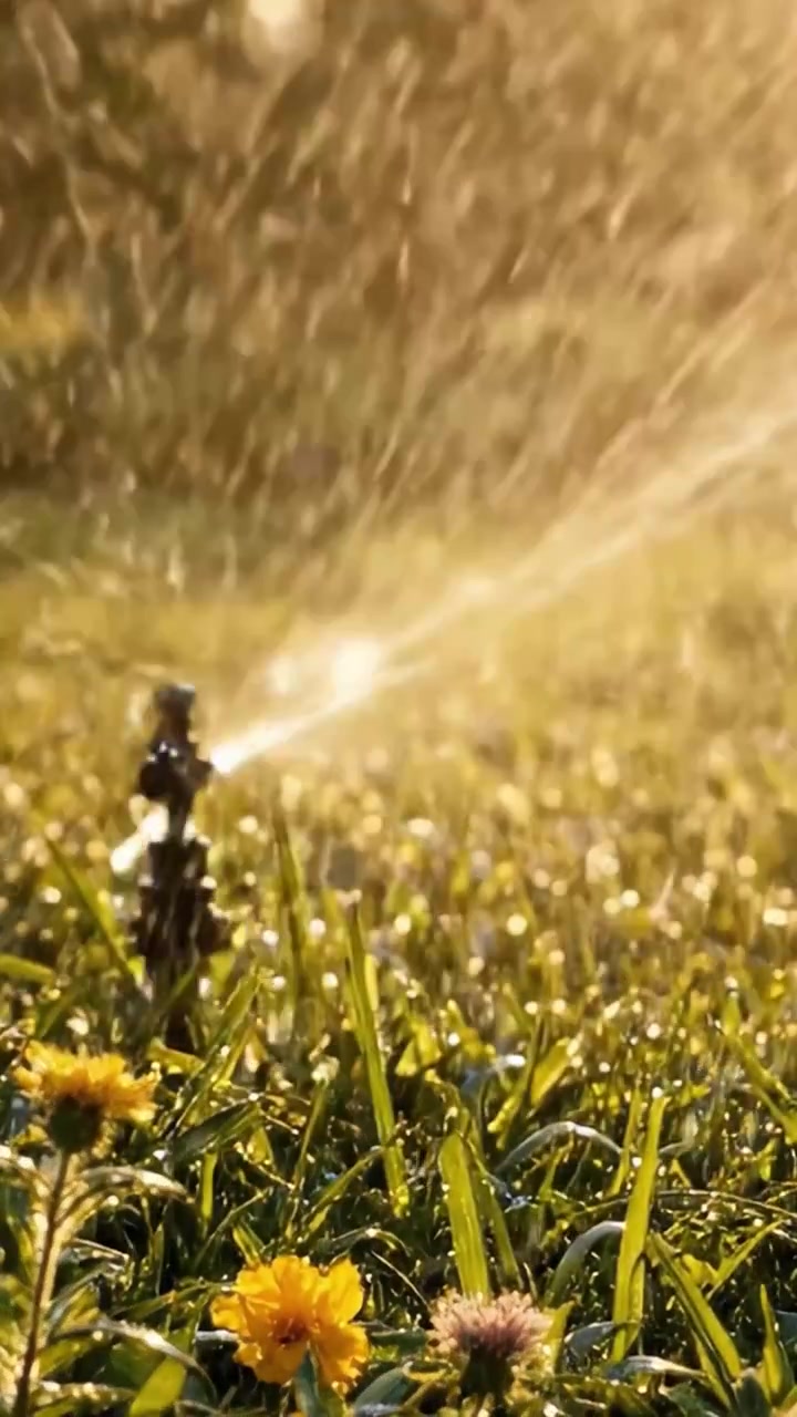 Una magnifica scena al tramonto con un vivace sistema di irrigazione in azione, che spruzza acqua su erba verde lussureggiante e denti di leone, creando un'atmosfera magica.