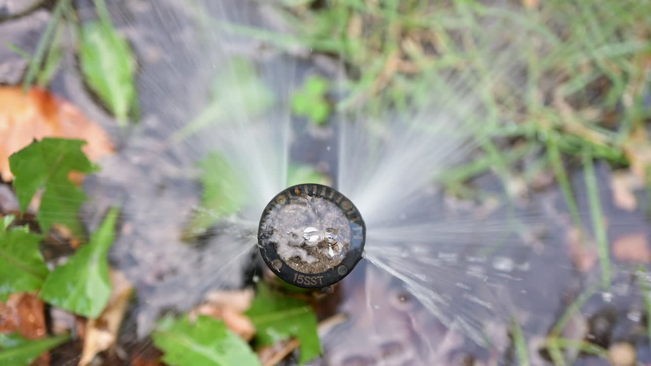 Chisinau, Moldavia - 20 agosto 2025: primo piano di una testina di irrigatore che spruzza acqua sporca