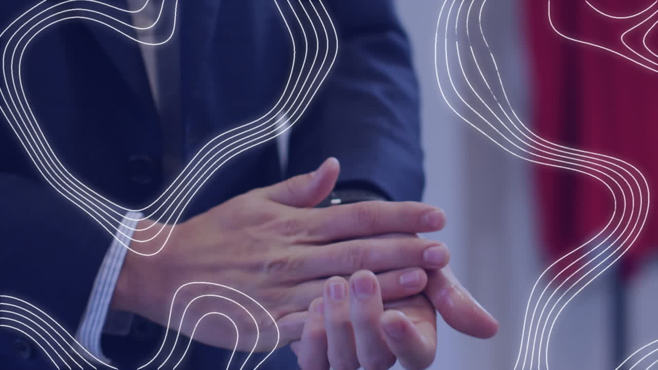 animación de líneas blancas sobre el hombre desinfectando las manos