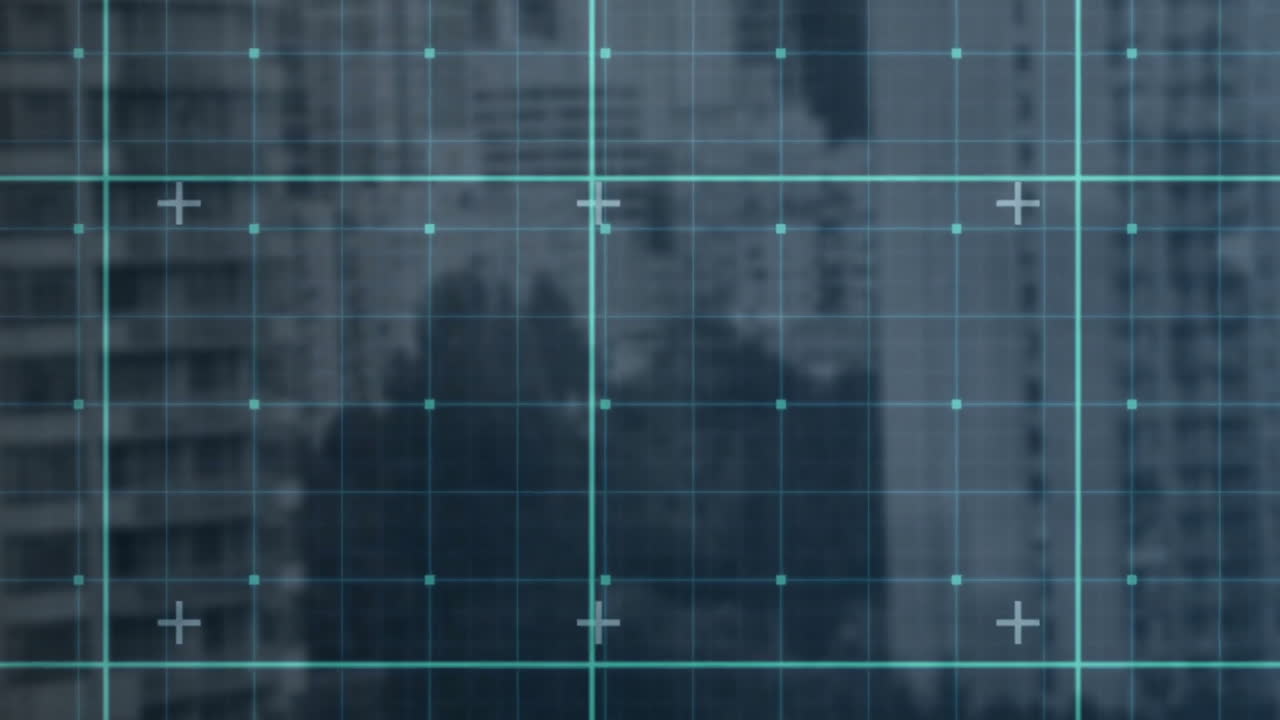 Animation of grid overlay with crosshairs on blurred cityscape background