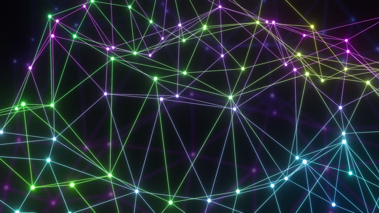 Animation of glowing colourful 3d network moving on black background