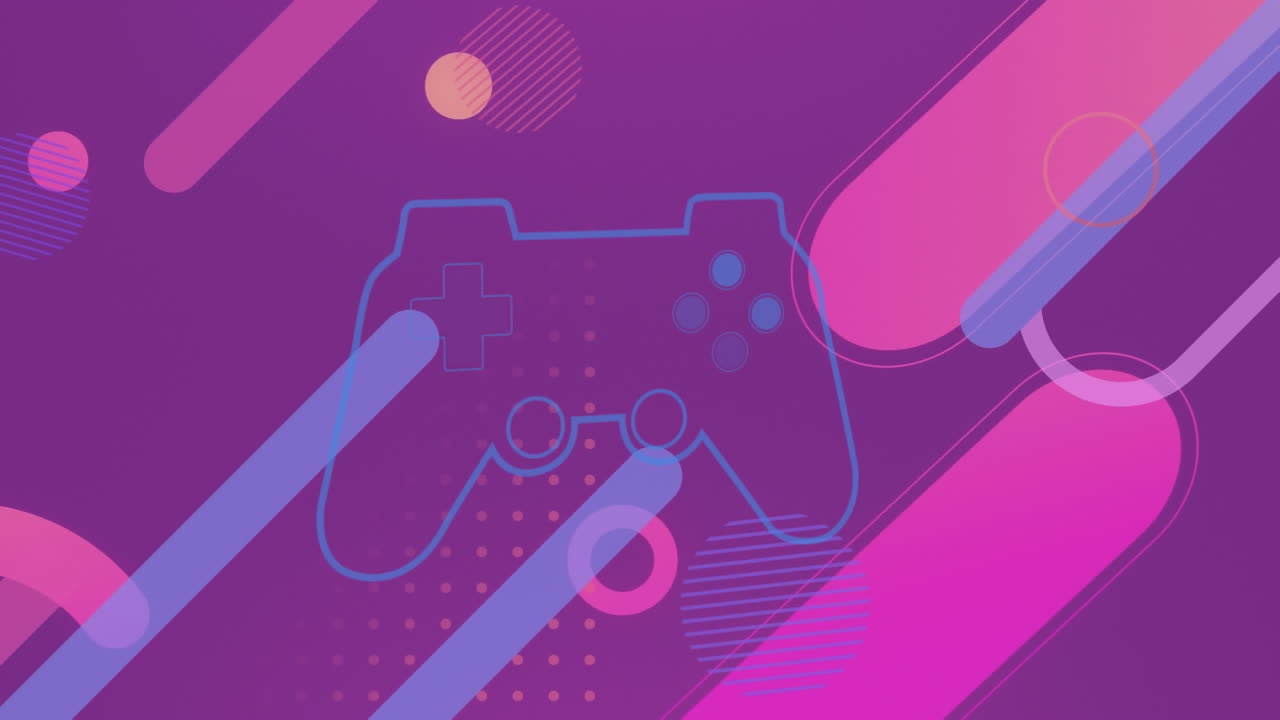 Animation of video game controller icon against abstract shapes on purple background