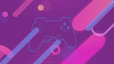 animation of video game controller icon against abstract shapes on purple background