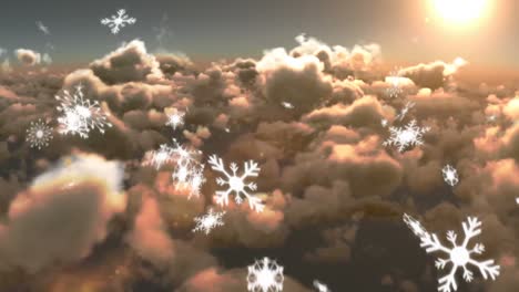 Snowflakes-falling-against-shining-sun-and-clouds-in-the-sky