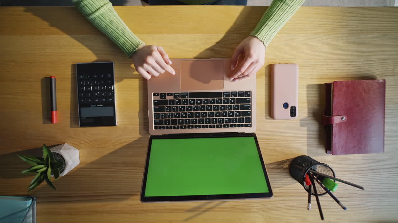 Freelancer fingers touching buttons at table closeup. Woman hands typing laptop