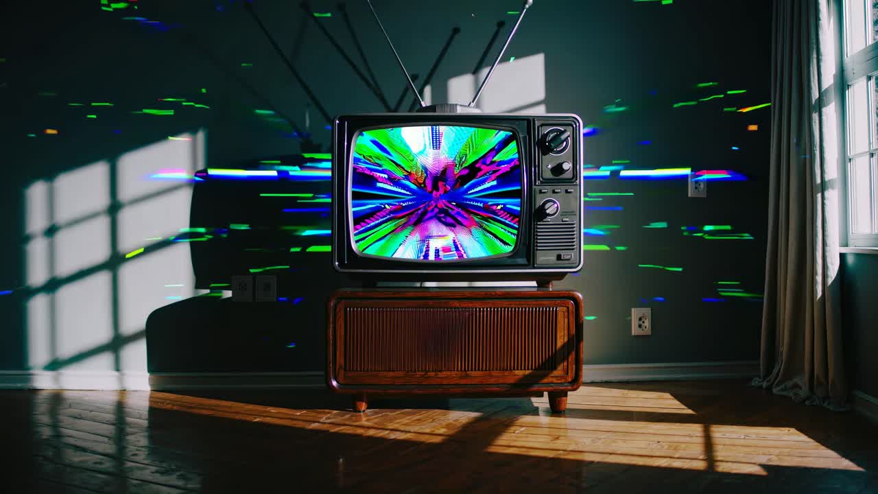 Vintage TV with colorful display in a sunlit room. Retro television, vibrant screen, and wooden