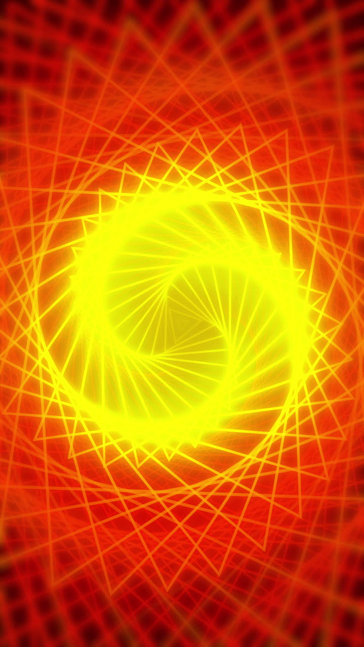 Explore a tunnel with neon yellow and red light. Futuristic sci-fi lines and glowing neon lights. Animation loop. Vertical video.