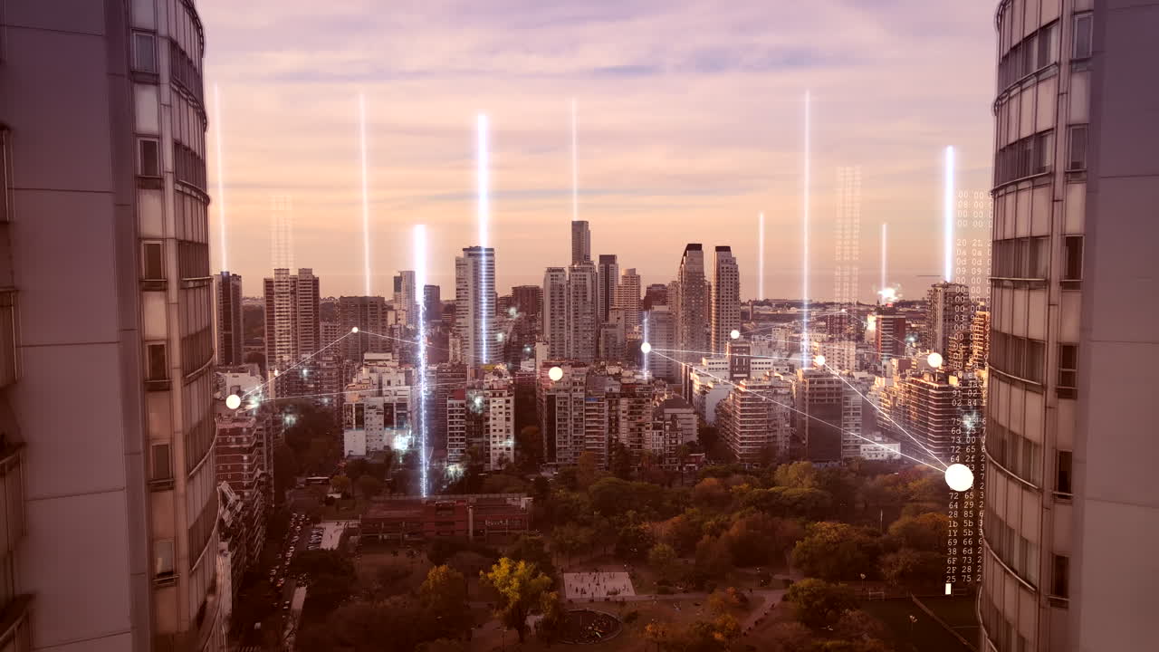 concepto futuro con líneas digitales brillantes que conectan la ciudad de buenos aires - vuelo épico de drones entre edificios de rascacielos gemelos - horizonte moderno con comunicación inalámbrica en red 5g 6g al atardecer