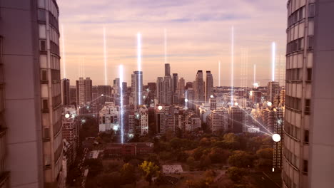 Future-concept-with-glowing-digital-lines-connecting-city-of-Buenos-Aires---Epic-drone-flight-between-twin-skyscraper-buildings---Modern-skyline-with-wireless-communication-in-5g-6g-network-at-sunset