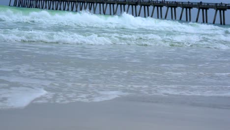 a close up of waves washing over the sand on a dramatic and stormy day