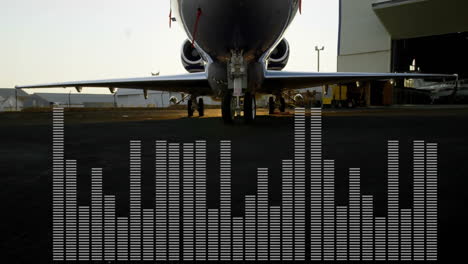 airplane on tarmac with sound wave animation overlay at airport