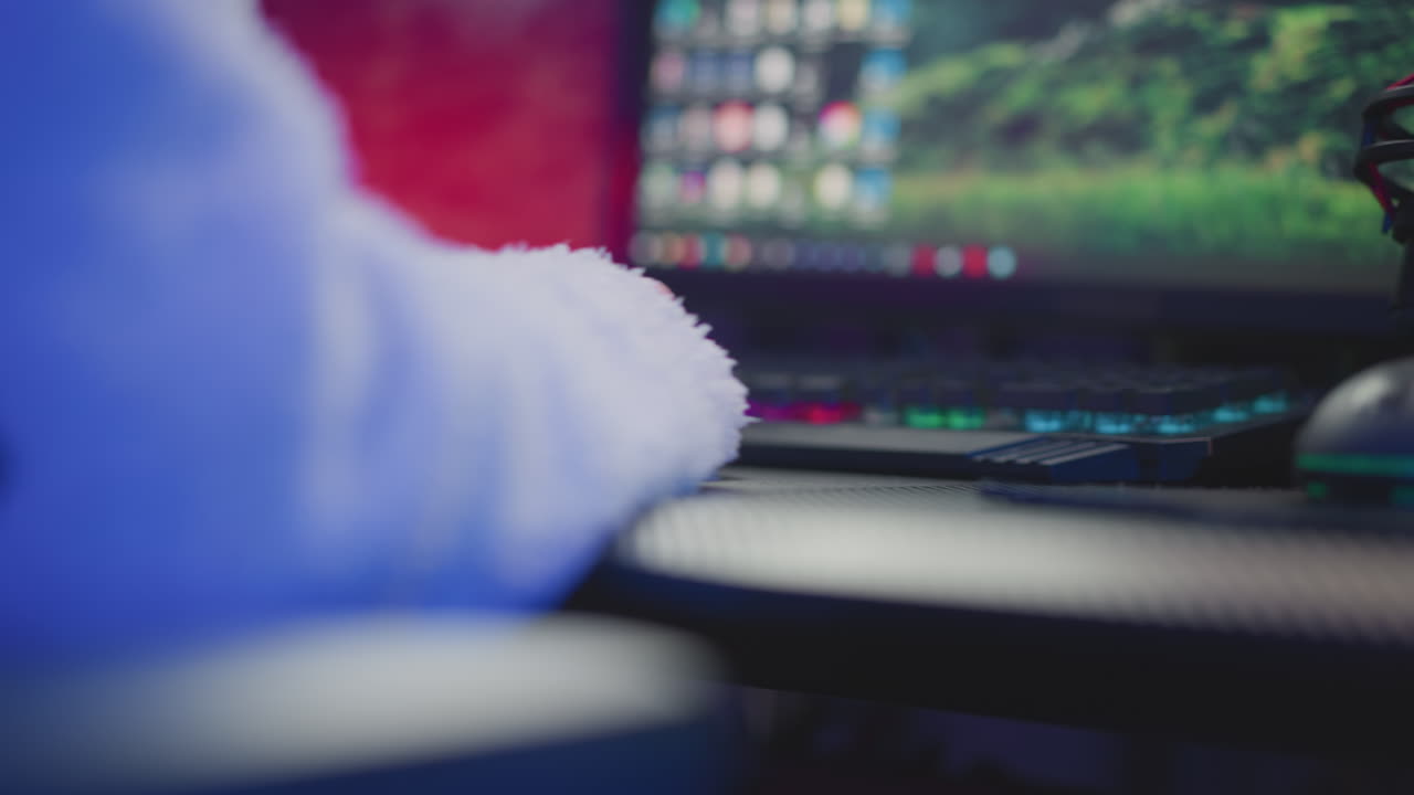 Close up of gamer in fluffy sweater adjusting RGB mechanical keyboard while seated at desk in front of monitor, fingers touching key edges with colorful lighting visible under transparent switches