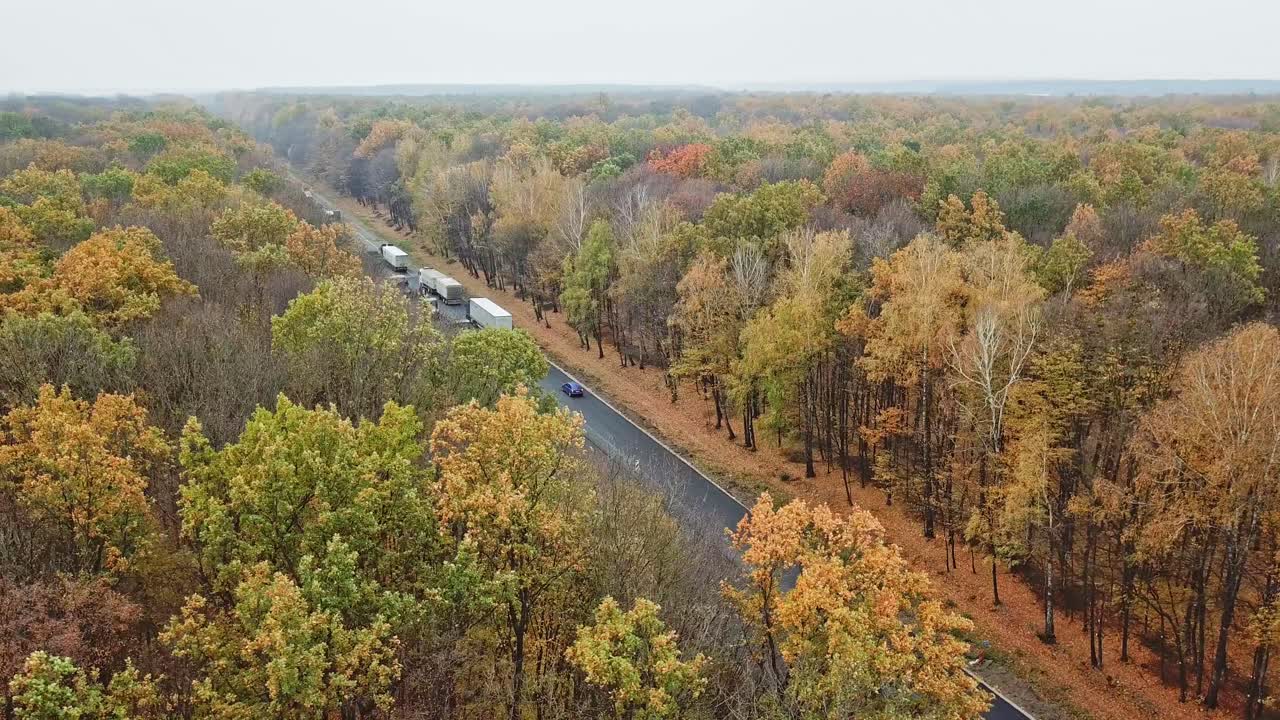 Flying over the autumn forest and new asphalt road. Cars driving on a road through colorful forest on sunny fall day.Camera moves right.