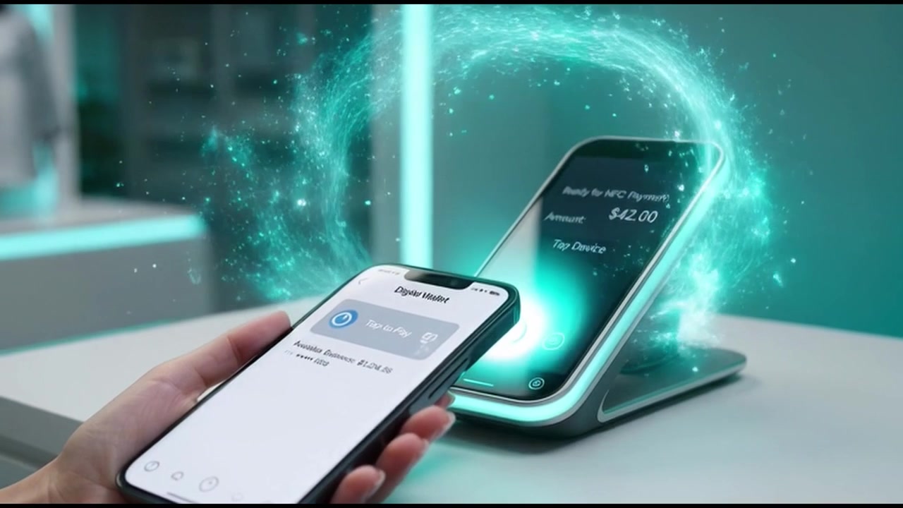 Pessoa realizando pagamento NFC por aproximação com smartphone em terminal de ponto de venda