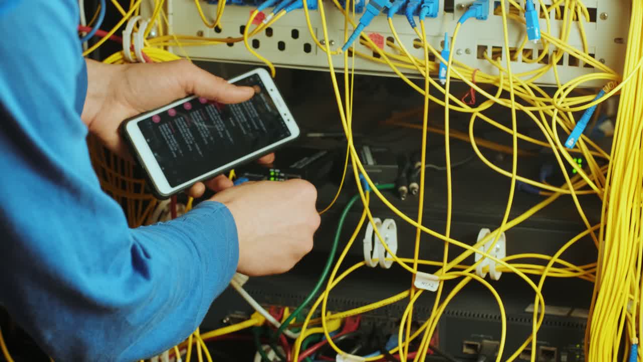 servicio de redes. ingeniero de redes administrador comprobando el hardware del servidor con equipos de teléfonos inteligentes del centro de datos
