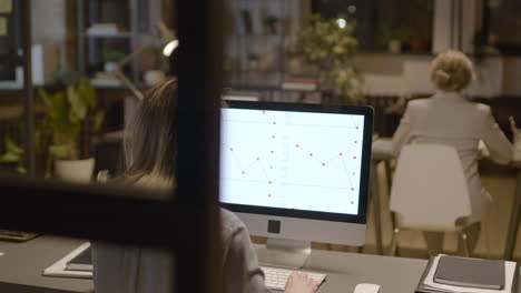 vista trasera de una empleada observando estadísticas y gráficos en un monitor de computadora sentado en el escritorio de la oficina 1