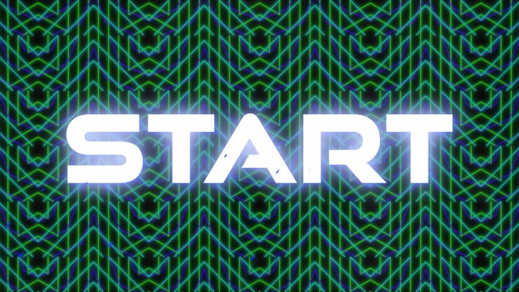 Animation of start text over moving shapes on black background