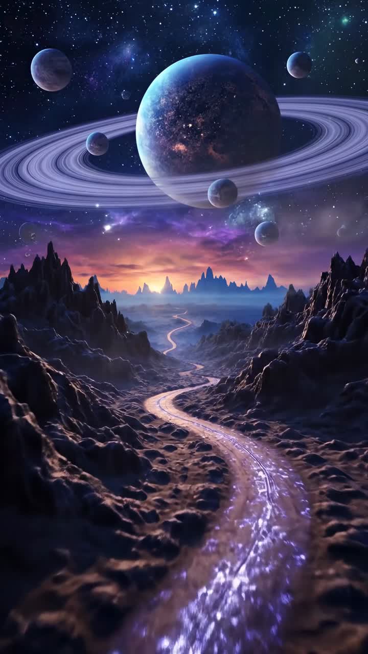 Et kosmisk landskap med planeter og ringer, sett fra lav vinkel, perfekt for science fiction-video