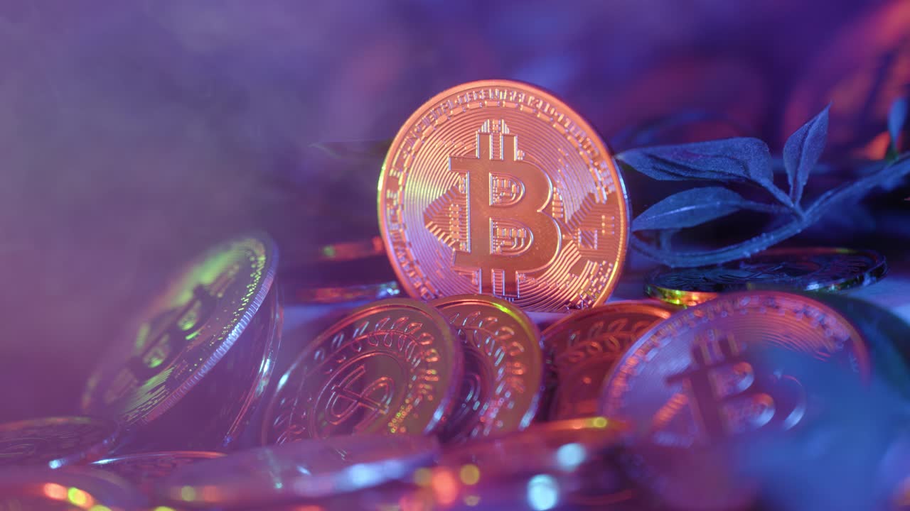 Abstract crypto currency coins arrange in dark ambience with bitcoin in focus