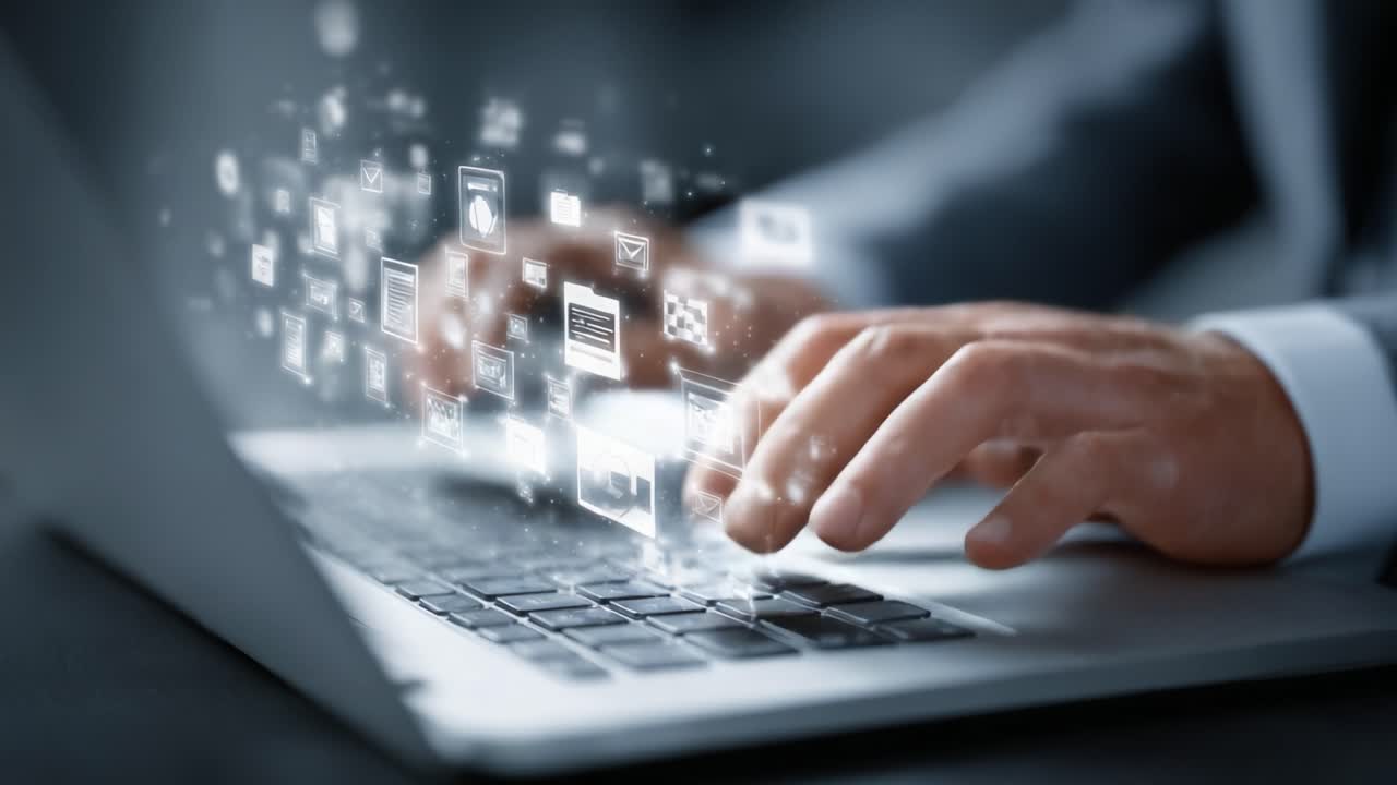 A Professional's Focus on Digital Innovation: Captivating Visual of Hands Typing on a Laptop Surrounded by Floating Data Symbols and Icons Representing Technology and Communication