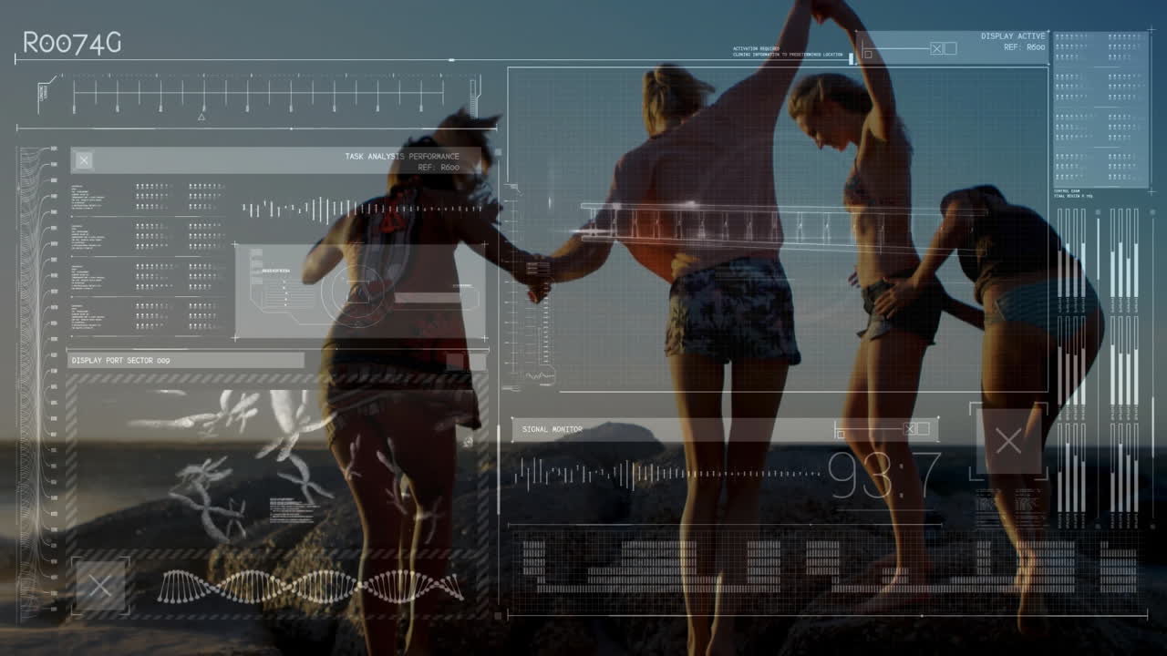 Women dancing on beach with digital data processing animation overlay