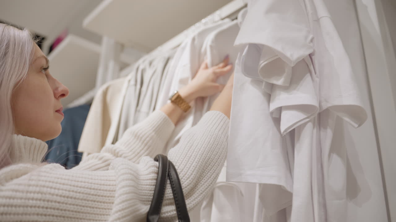 Female client in chunky turtleneck sweater lifts white cotton polo shirt from rack inside supermarket fashion aisle, examines fabric texture with intent, judging fit and quality before purchase