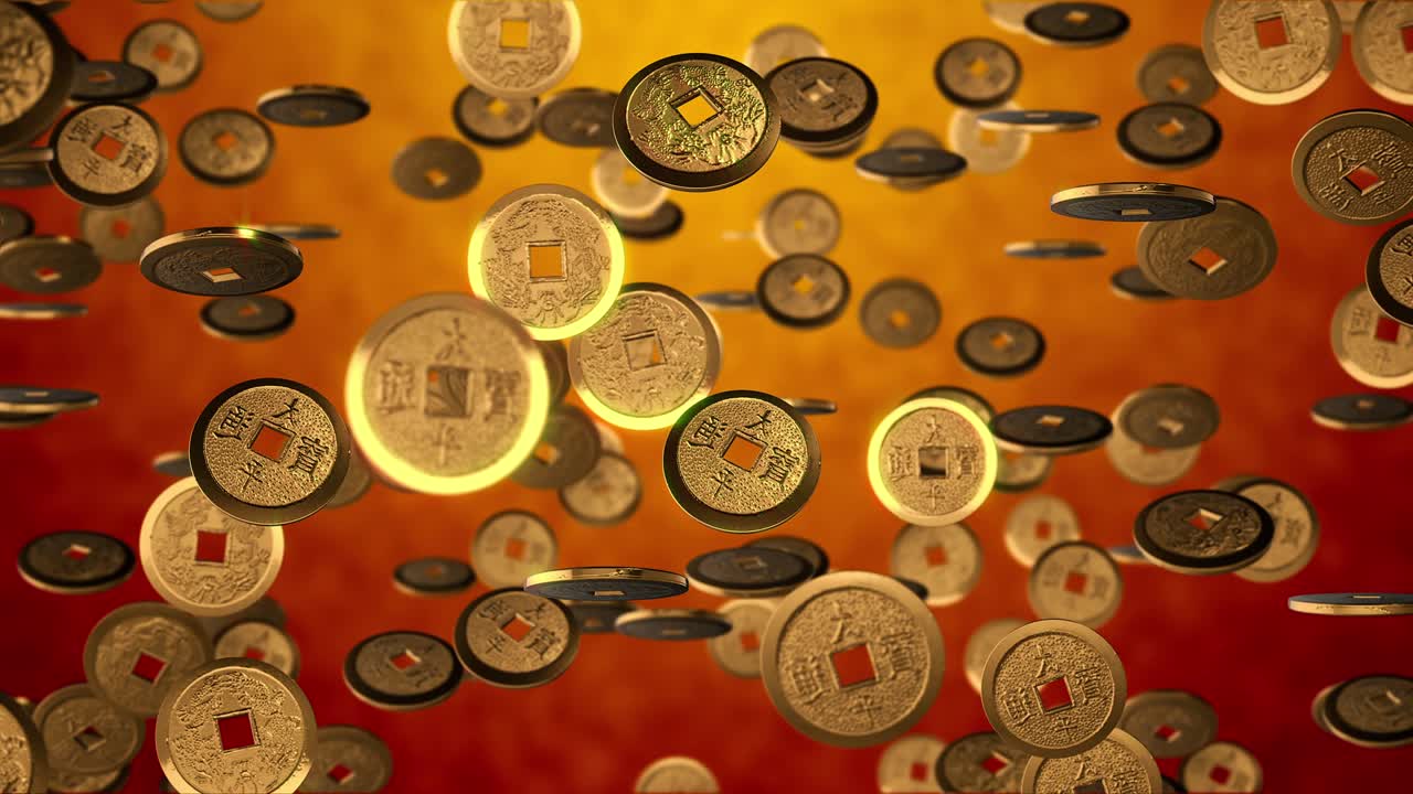 fundo de ano novo chinês, moedas de ouro textura 3d. renderização 3d 4k, loop sem costura