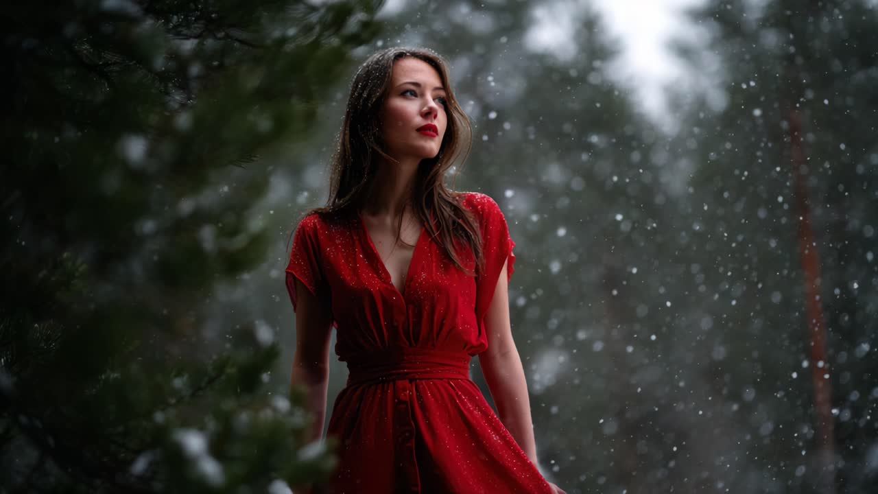 A beautiful woman dressed in a red gown stands gracefully amidst falling snow, highlighting her serene presence in a wintry forest, creating a magical atmosphere