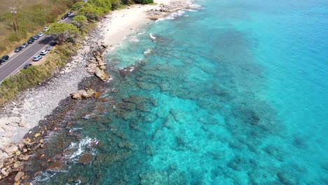 Beautiful-Drone-shot-of-the-coastline-of-Kailua-Beach-Park-in-Oahu-Hawaii-USA-with-turquoise-waters