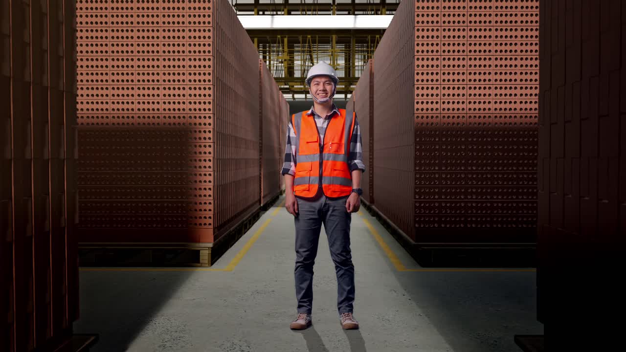 Full Body Of Asian Male Engineer With Safety Helmet Smiling To Camera While Standing With Red Brick Packed in Stacks Are Stored