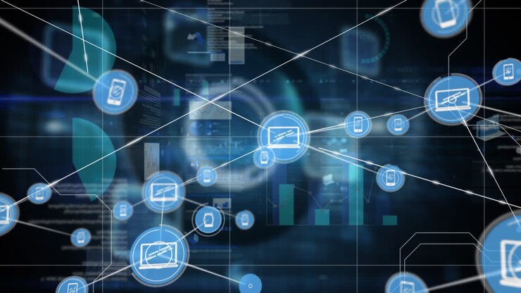 Animation of connected technological icons with data and information over a grid